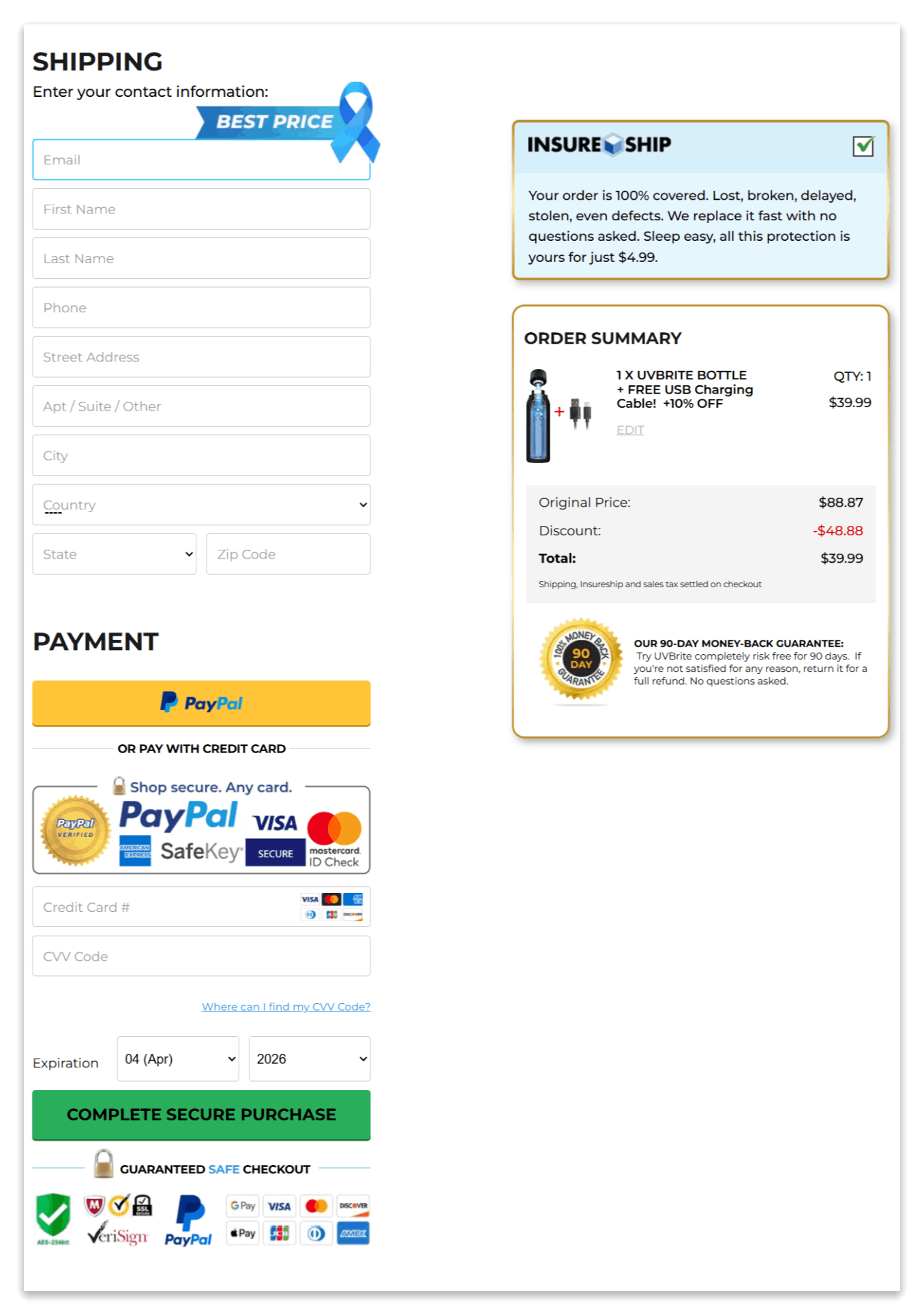 UVBrite Smart Bottle secure checkout page